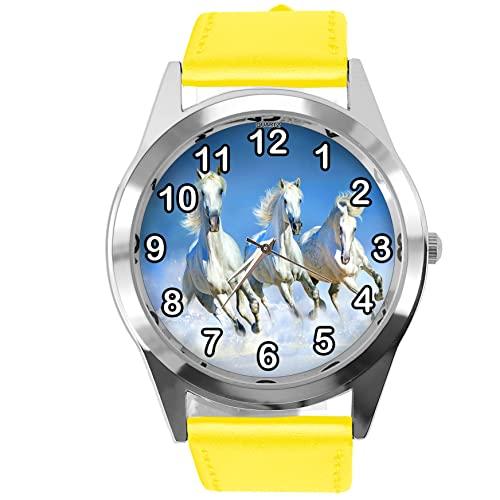 Yellow Leather Round Watch for Horse Fans E4