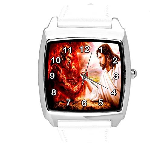 White Leather Square Devil vs Jesus Watch