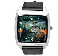 Black Leather Square Watch for Ship Fans