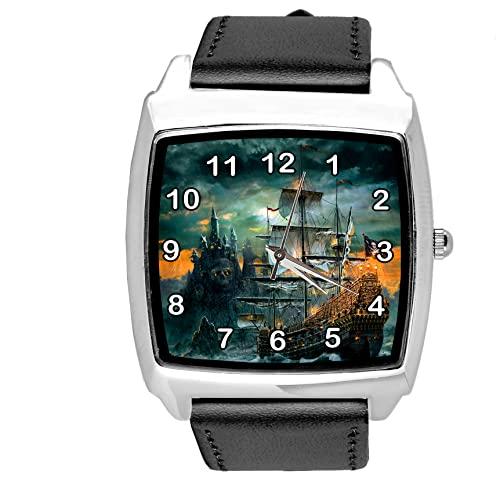 Black Leather Square Watch for Ship Fans