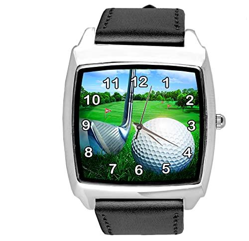 Black Leather Square Watch for Golf Fans