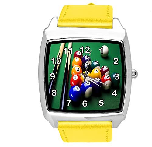 Yellow Leather Square Watch for Pool Game Fans