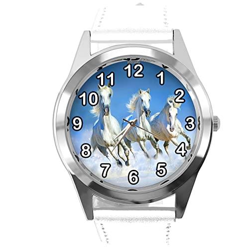 White Leather Round Watch for Horse Fans E4