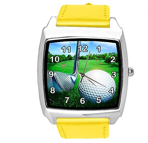 Yellow Leather Square Watch for Golf Fans