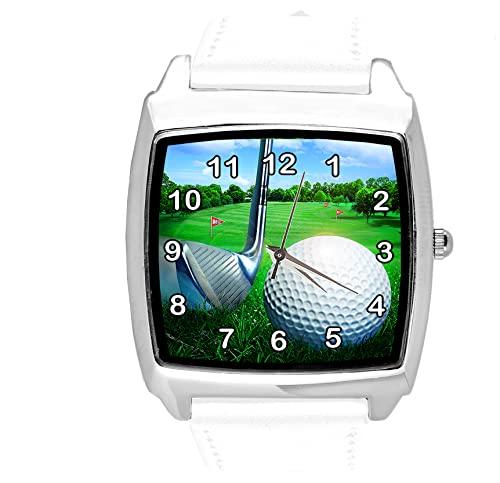 White Leather Square Watch for Golf Fans