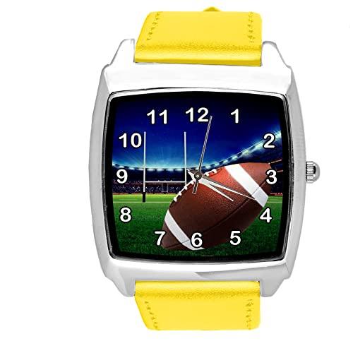 Yellow Leather Square Watch for Rugby Fans