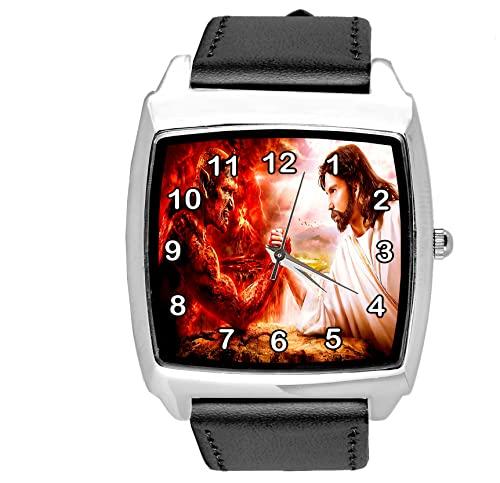 Black Leather Square Devil vs Jesus Watch