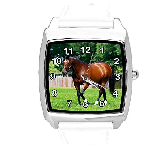 White Leather Square Watch for Horse Fans