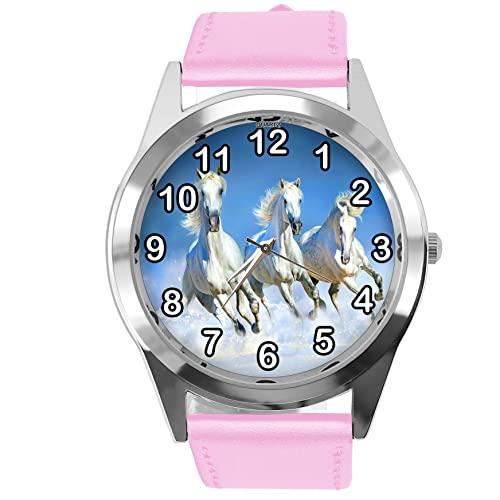 Baby Pink Leather Round Watch for Horse Fans E4