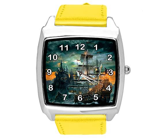 Yellow Leather Square Watch for Ship Fans