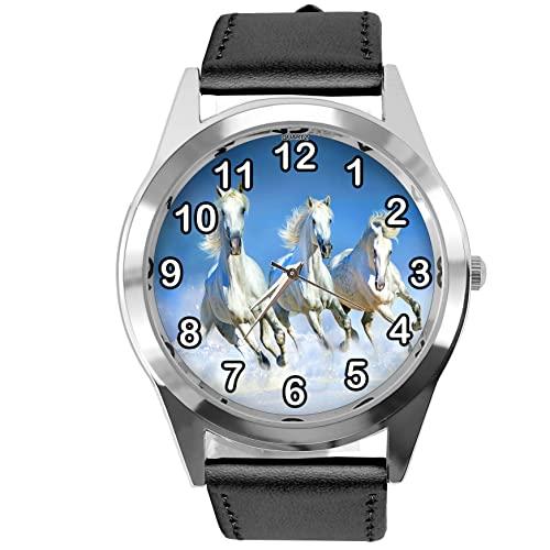 Black Leather Round Watch for Horse Fans E4
