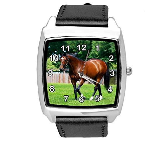 Black Leather Square Watch for Horse Fans
