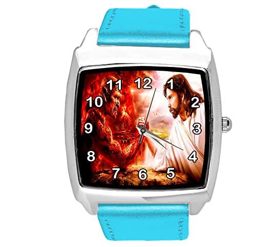 Blue Leather Square Devil vs Jesus Watch