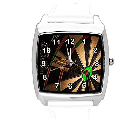 White Leather Square Watch for Darts Fans