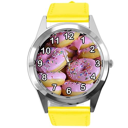 Yellow Leather Round Watch for Donut Fans