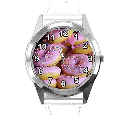 White Leather Round Watch for Donut Fans