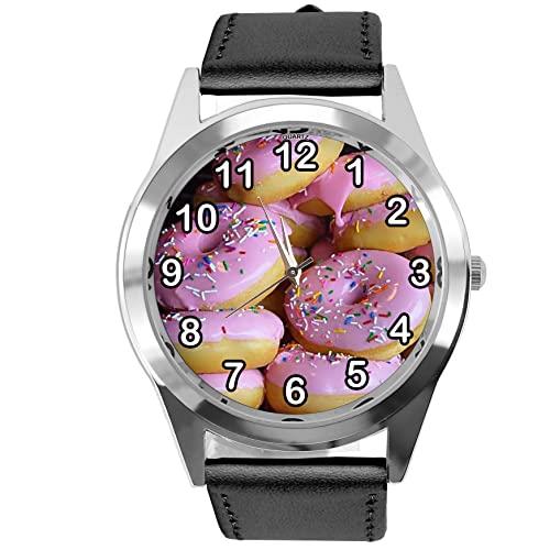 Black Leather Round Watch for Donut Fans