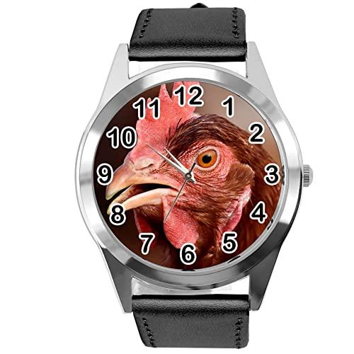 Black Leather Round Watch for Fans of Chicken