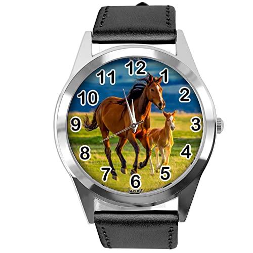 Black Leather Round Watch for Horse Fans E5