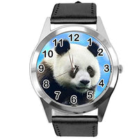 Black Leather Round Watch for Fans of Panda