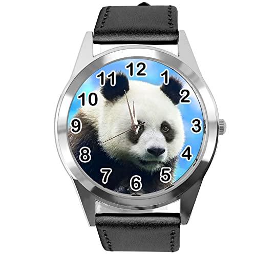 Black Leather Round Watch for Fans of Panda