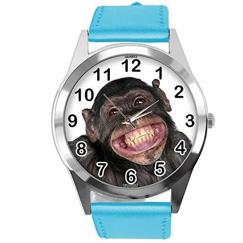 Blue Leather Round Watch for Fans of Monkey