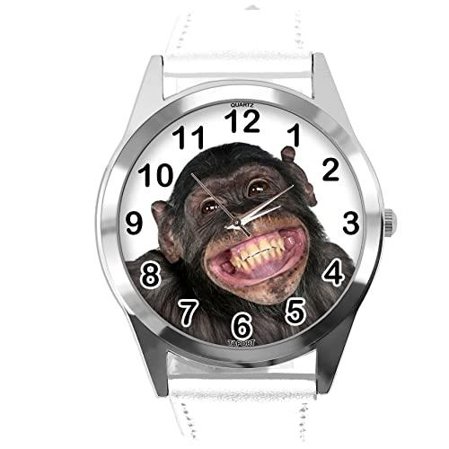 White Leather Round Watch for Fans of Monkey