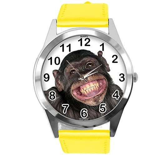 Yellow Leather Round Watch for Fans of Monkey