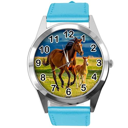 Blue Leather Round Watch for Horse Fans E5