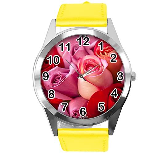 Yellow Leather Round Watch for Flowers Fans e3