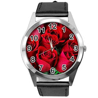 Black Leather Round Watch for Flowers Fans e2