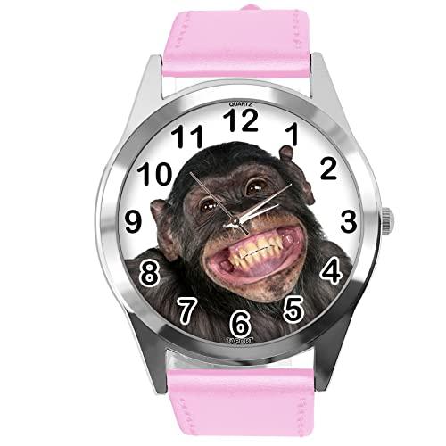 Baby Pink Leather Round Watch for Fans of Monkey