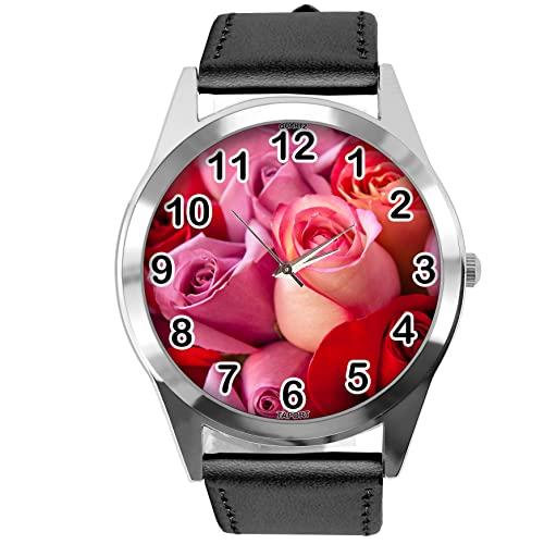 Black Leather Round Watch for Flowers Fans e3