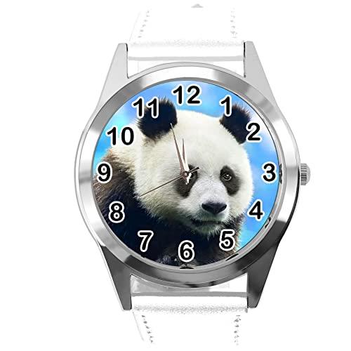 White Leather Round Watch for Fans of Panda
