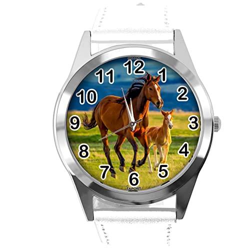 White Leather Round Watch for Horse Fans E5