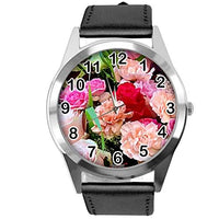 Black Leather Round Watch for Flowers Fans e4