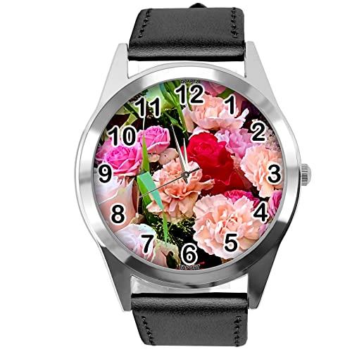 Black Leather Round Watch for Flowers Fans e4