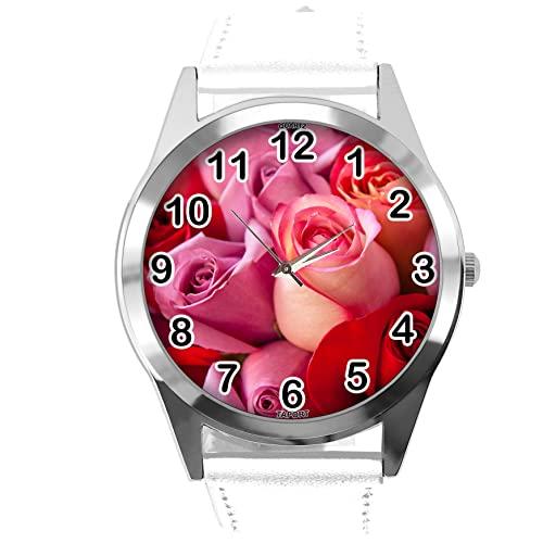 White Leather Round Watch for Flowers Fans e3