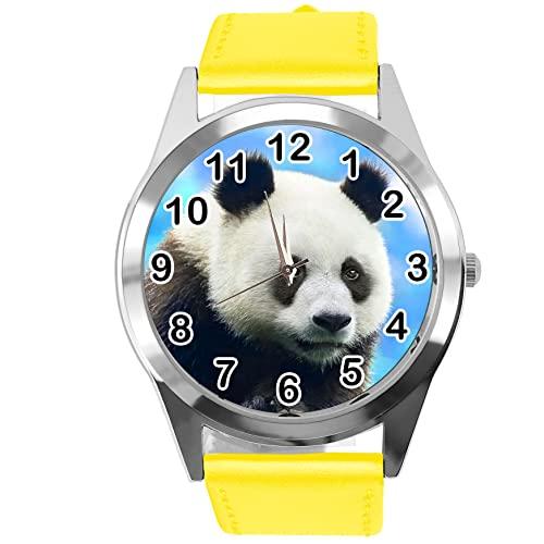 Yellow Leather Round Watch for Fans of Panda