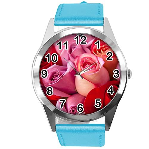 Blue Leather Round Watch for Flowers Fans e3