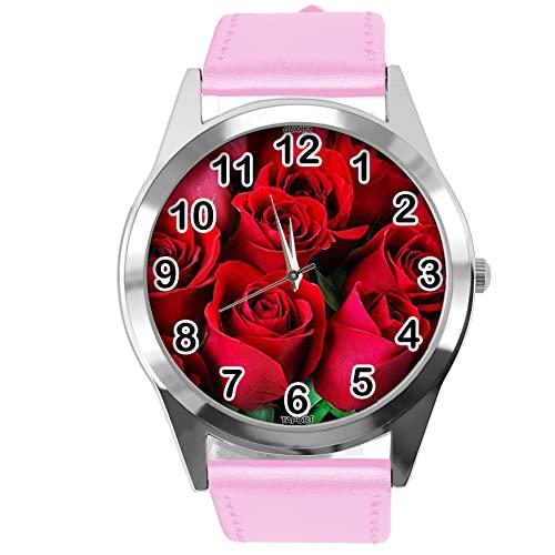 Baby Pink Leather Round Watch for Flowers Fans e2