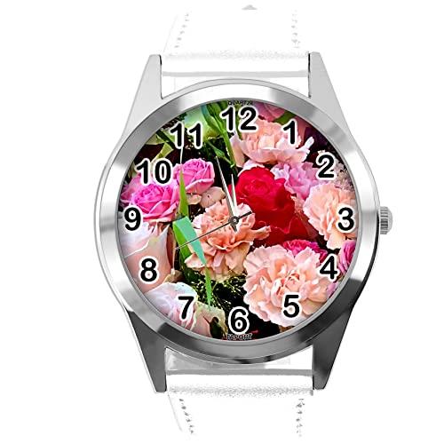 White Leather Round Watch for Flowers Fans e4