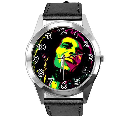 Black Leather Round Watch for Reggae Fans