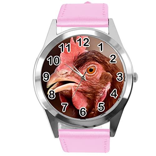Baby Pink Leather Round Watch for Fans of Chicken