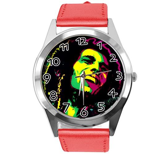 Red Leather Round Watch for Reggae Fans