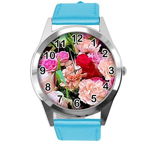 Blue Leather Round Watch for Flowers Fans e4