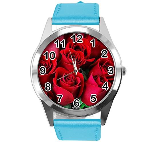 Blue Leather Round Watch for Flowers Fans e2
