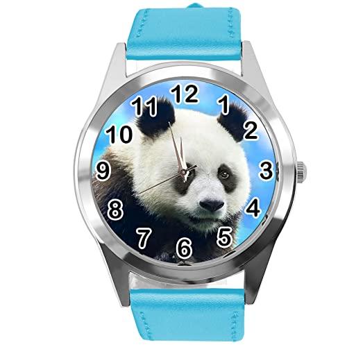 Blue Leather Round Watch for Fans of Panda