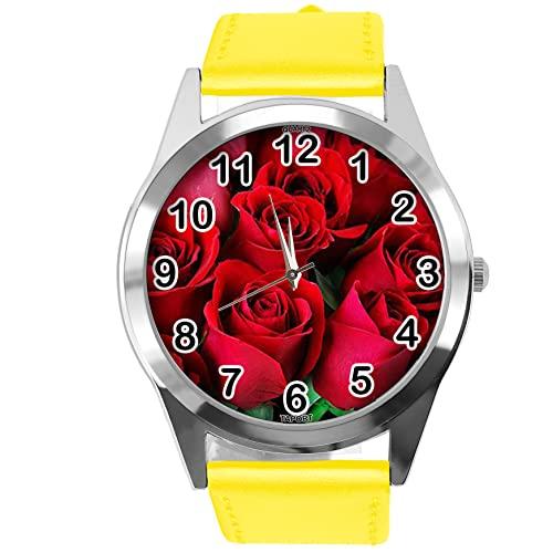 Yellow Leather Round Watch for Flowers Fans e2
