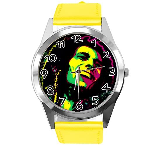 Yellow Leather Round Watch for Reggae Fans